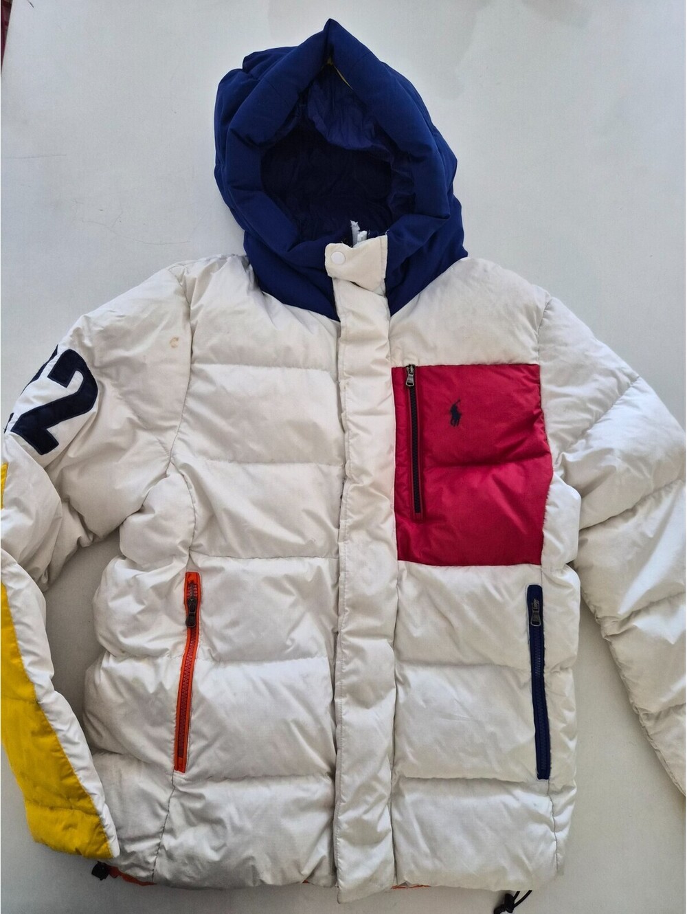 Polo Ralph Lauren Ski 22 Down Puffer Jacket Mens S White Colorblock Hooded Small